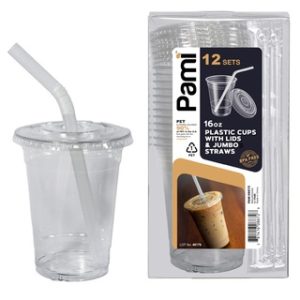 PET CUPS 16 OZ W/LIDS & STRAW 12 CT 40