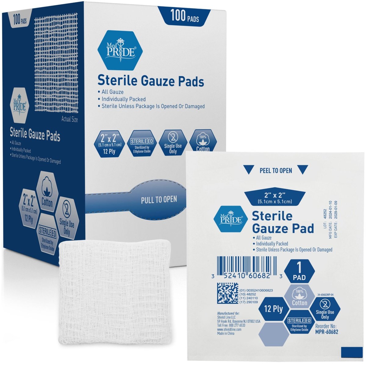 Gauze Pad Sterile, 1's, 2x2 - 12ply - 24/100/cs.