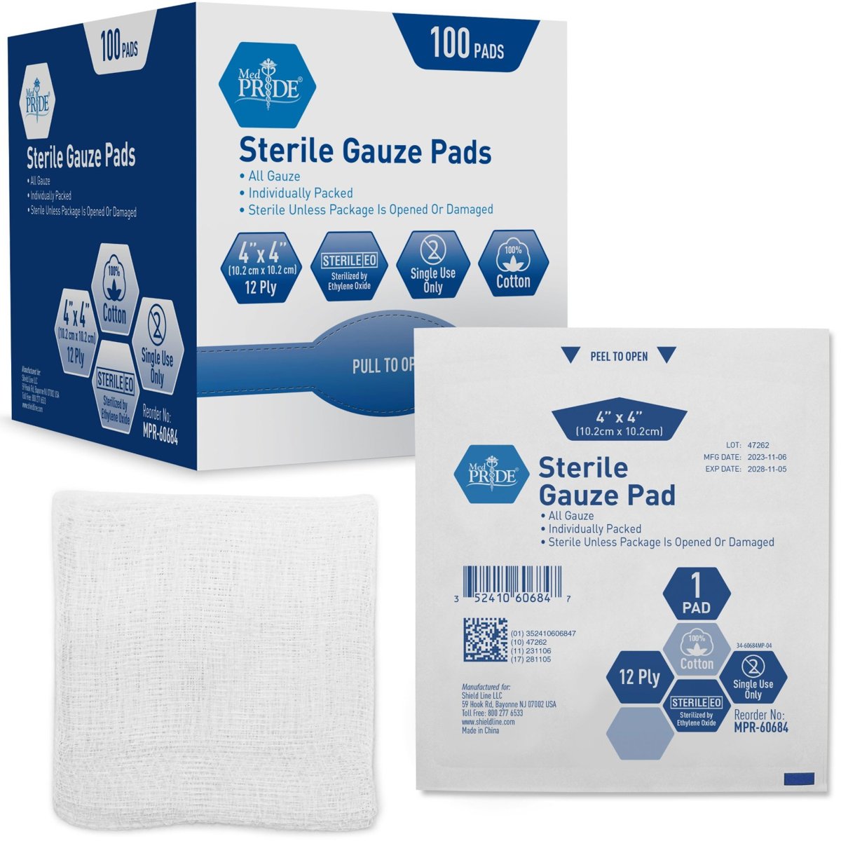 Gauze Pad - Sterile, 1's, 4x4 - 12ply - 12/100/cs.