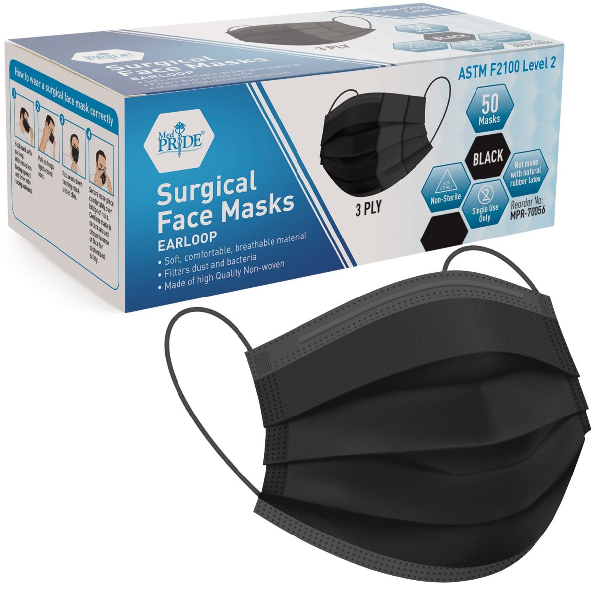 FACE MASK SURGICAL BLACK LVL-2 20/50