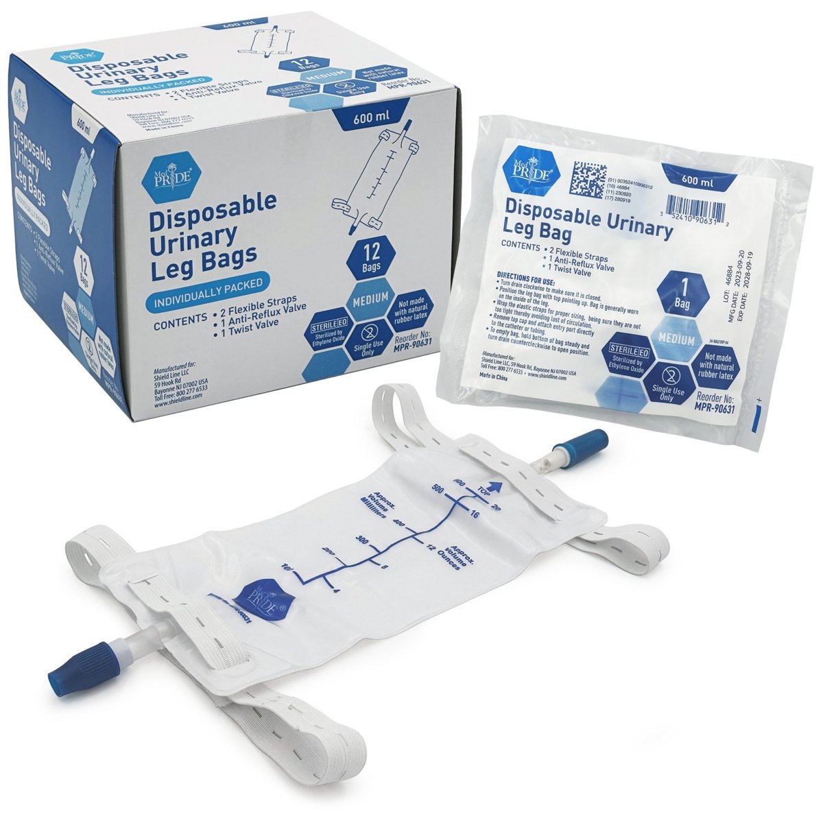 Urinary Leg Bags, Med - 600ml, Sterile - 4/12/cs.